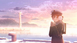  alternate_costume backpack bag black_coat black_hair blue_ribbon breath brown_eyes cloud coat commentary_request earmuffs female folded_ponytail gradient_sky hair_ribbon hat kantai_collection kasuga_maru_(kancolle) key_kun lighthouse long_hair mittens outdoors peaked_cap ribbon scenery sky solo sunrise swept_bangs taiyou_(kancolle) white_hat winter_clothes 