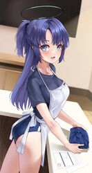  :d apron ass black_shirt blue_archive blue_buruma blue_eyes blush breasts buruma counter female gym_uniform halo highres holding_bento indoors matrix16 mechanical_halo medium_breasts official_alternate_costume open_mouth paper purple_hair shirt smile solo t-shirt white_apron wrapped_bento yuuka_(blue_archive) yuuka_(track)_(blue_archive) 