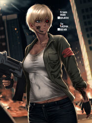  absurdres android blonde_hair breasts cleavage commentary_request commission damaged dark_skin female fingerless_gloves gloves glowing glowing_eyes highres holding holding_weapon insignia mechanical_parts rob_110101101 robot science_fiction skeb_commission tan terminator_(series) the_terminator weapon 