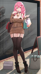  absurdres aran_sweater bag bare_shoulders between_breasts bra_strap breasts brown_sweater bubble_tea bubble_tea_challenge cable_knit cleavage commission cup disposable_cup dress drink drinking drinking_straw drinking_straw_in_mouth female full_body garter_straps grocery_bag guilty_crown highres holding holding_bag kaiend large_breasts long_sleeves looking_at_viewer meme object_on_breast off-shoulder_sweater off_shoulder paper_bag pink_hair red_eyes red_hair shopping_bag short_dress smile solo sweater sweater_dress thighhighs yuzuriha_inori 