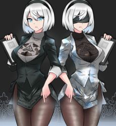  2b_(nier:automata) adapted_costume black_jacket black_skirt black_sweater blazer blindfold blue_eyes breasts brown_legwear covered_eyes cowboy_shot female fine_fabric_emphasis freshtango grey_sweater hairband hand_up highres holding jacket large_breasts looking_at_viewer miniskirt mole mole_under_mouth multiple_views nier:automata nier_(series) office_lady open_mouth pantyhose pencil_skirt short_hair side_slit skirt standing sweater turtleneck turtleneck_sweater white_hair white_jacket white_skirt 