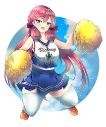  akashi_(kancolle) blue_skirt blue_sky cheerleader clothes_writing cloud commentary_request crop_top crop_top_overhang day female full_body futami_kazuha green_eyes hair_ribbon highres holding holding_pom_poms jumping kantai_collection long_hair pink_hair pleated_skirt pom_pom_(cheerleading) ribbon skirt sky solo thick_thighs thighhighs thighs tress_ribbon white_thighhighs 