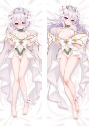  2girls alternate_hair_length alternate_hairstyle ankle_flower bare_legs barefoot bed_sheet blush breasts cleavage closed_mouth clothing_cutout dakimakura_(medium) detached_collar elf flower from_above full_body grey_hair groin hair_between_eyes hair_flower hair_ornament highleg highleg_panties kokkoro_(princess)_(princess_connect!) kokkoro_(princess_connect!) long_hair looking_at_viewer lying medium_breasts medium_hair midriff moeanime multiple_girls multiple_views navel navel_cutout on_back panties pointy_ears princess_connect! red_eyes sideboob small_breasts smile stomach underwear very_long_hair white_flower white_panties 