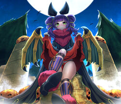  absurdres alternate_costume commission dragon_wings dress eudetenis female fire_emblem fire_emblem:_the_sacred_stones fire_emblem_heroes from_below full_moon green_eyes halloween halloween_costume highres lifting_own_clothes moon multi-tied_hair myrrh_(fire_emblem) myrrh_(halloween)_(fire_emblem) night night_sky official_alternate_costume panties pumpkin purple_hair red_panties sitting sky solo twintails underwear upskirt wings 