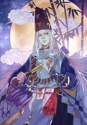  1boy abe_no_seimei_(onmyoji) bamboo black_headwear cloud fan folding_fan full_moon hat holding holding_fan japanese_clothes long_hair long_sleeves looking_at_viewer male_focus moon night onmyoji outdoors sayuuhiro silver_eyes solo tate_eboshi traditional_clothes white_hair 