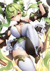  ai-chan_(chrono_navi)_(honkai_impact) ai-chan_(honkai_impact) armor armored_boots armored_dress armpits bad_anatomy barcode barcode_tattoo bare_shoulders black_gloves boots breasts cleavage cleavage_cutout closed_mouth clothing_cutout female gloves green_hair hair_ornament headband high_heels highres honkai_(series) honkai_impact_3rd large_breasts leaning_forward long_hair looking_at_viewer orange_eyes simple_background smile solo tattoo thighs twintails white_background xfate 