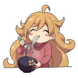  :t ^_^ ahoge amaama_to_inazuma asada_hachi bangs banned_artist blonde_hair blush_stickers bowl closed_eyes commentary dot_nose eating eyebrows_visible_through_hair facing_viewer female food fork hand_up happy highres holding holding_bowl holding_fork inuzuka_tsumugi lolicon long_hair long_sleeves noodles red_shirt shiny shiny_hair shirt simple_background solo twitter_username upper_body very_long_hair watermark white_background 