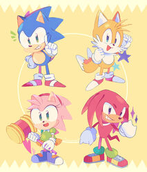  2020 2_tails amy_rose anthro bar_emanata biped blue_body blue_eyes blue_fur bottomwear canid canine classic_amy_rose classic_knuckles classic_sonic classic_sonic_(universe) classic_tails clothing digital_media_(artwork) dipstick_tail echidna emanata eulipotyphlan female finger_wag fist footwear fox fur gloves green_clothing green_eyes green_shirt green_topwear grin group hand_on_hip handwear heart_symbol hedgehog hi_res holding_object holding_weapon knuckles_the_echidna male mammal markings monotreme multi_tail multicolored_tail open_mouth open_smile orange_bottomwear orange_clothing orange_skirt piko_piko_hammer pink_body pink_fur purple_eyes red_body red_fur sega shirt shoes simple_background skirt smallpanda smile sonic_the_hedgehog sonic_the_hedgehog_(series) sparkles standing star star_polygon tail tail_markings tails topwear weapon white_body white_fur yellow_background yellow_body yellow_fur 