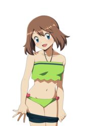  :d bikini black_shorts blue_eyes breasts brown_hair clothes_pull english_commentary female green_bikini highres may_(pokemon) medium_hair navel official_alternate_costume pokemon pokemon_(anime) pokemon_rse_(anime) shorts shorts_pull simple_background small_breasts smile solo suitenan swimsuit undressing white_background 