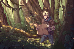  1boy belt belt_pouch blonde_hair blue_eyes blush denim ezreal facial_mark forest fur-trimmed_jacket fur_collar fur_trim gauntlets goggles goggles_around_neck holding holding_map jacket jeans league_of_legends log male_focus map mushroom nature outdoors pants plant pouch sanatorium_industries short_hair sleeves_rolled_up solo standing thigh_strap tree vines 