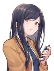  black_hair blue_necktie brown_eyes brown_jacket cellphone closed_mouth collared_shirt commentary_request female holding holding_phone jacket long_hair long_sleeves looking_at_viewer necktie open_clothes open_jacket original phone saino_misaki shirt simple_background solo upper_body white_background white_shirt 