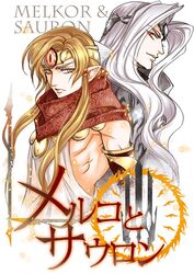  2boys albino armor blonde_hair character_name circlet closed_mouth highres kazuki-mendou long_hair male_focus melkor morgoth multiple_boys pointy_ears red_eyes red_scarf sauron scarf smile the_silmarillion tolkien&#039;s_legendarium white_hair yellow_eyes 