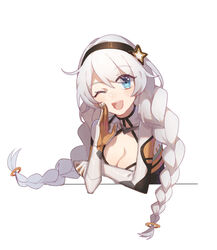  :d blue_eyes bodysuit braid breasts cleavage female highres honkai_(series) honkai_impact_3rd idass_(idass16) kiana_kaslana kiana_kaslana_(white_comet) long_hair looking_at_viewer one_eye_closed open_mouth simple_background smile twin_braids white_background white_bodysuit white_hair 