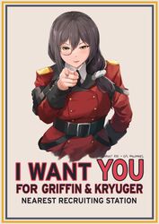  artist_name black_hair english_text female girls&#039;_frontline griffin_&amp;_kryuger_military_uniform helianthus_(girls&#039;_frontline) hiroki_ree i_want_you korean_commentary military military_uniform monocle parody pointing pointing_at_viewer poster_(medium) solo uncle_sam uniform yellow_eyes 