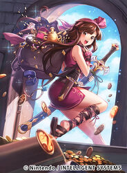  arch bag belt blush brown_eyes brown_hair chachie coin commentary_request crack dagger daisy_(fire_emblem) day female fire_emblem fire_emblem:_genealogy_of_the_holy_war fire_emblem_cipher gem headband jewelry knife long_hair official_art open_mouth ring sandals sky solo sparkle sword teeth weapon window 