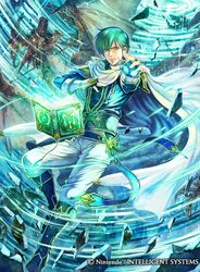  1boy armor bat_wings book boots cape ced_(fire_emblem) commentary_request dragon faceless faceless_male fangs fingerless_gloves fire_emblem fire_emblem:_genealogy_of_the_holy_war fire_emblem:_thracia_776 fire_emblem_cipher forseti_(tome) gloves green_eyes green_hair helmet male_focus official_art open_mouth rock solo_focus takaya_tomohide wind wings 