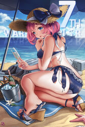  absurdres ass back bare_shoulders beach beach_towel beach_umbrella bikini blue_bikini blue_eyes blush breasts chinese_commentary commentary_request cup day drinking_glass female full_body hat highres holding holding_cup jean_bart_(warship_girls_r) lolipantherwww looking_back medium_breasts ocean open_mouth outdoors pink_hair sand sandals short_hair sideboob sitting solo starfish straw_hat sun_hat swimsuit thighs towel umbrella warship_girls_r wedge_heels wine_glass 