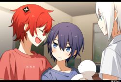  3boys aqua_eyes bad_id bad_pixiv_id bandaid bandaid_on_face bandaid_on_nose blue_eyes blue_hair blue_shirt closed_eyes commentary flag fukase holding_person indoors letterboxed looking_at_another male_focus minahoshi_taichi multiple_boys open_mouth point_(vocaloid) red_hair red_shirt shirt short_sleeves smile twitter_username utatane_piko vocaloid vsinger white_hair white_shirt window x zhiyu_moke 