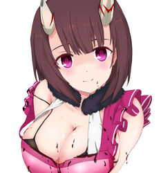  +_+ apron black_bra black_hair blush bra breasts broken_horn chocolate chocolate_on_body chocolate_on_breasts chocolate_on_clothes chocolate_on_face cleavage closed_mouth demon_girl demon_horns eriko_(princess_connect!) eriko_(valentine)_(princess_connect!) female food food_on_body food_on_face frilled_apron frills fur_collar head_tilt horns huge_breasts looking_at_viewer pink_apron princess_connect! purple_eyes sa_(nax49) short_hair simple_background smile solo split_mouth strap_slip underwear upper_body white_background 