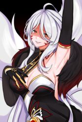  absurdres ahoge ara_haan arm_up armpits black_dress black_gloves breasts cleavage commentary devi_(elsword) dress elbow_gloves elsword eun_(elsword) evil_grin evil_smile facial_mark feather_boa female fox_girl fox_tail gloves grin hand_on_own_chest highres large_breasts lips long_hair looking_at_viewer multiple_tails pink_lips red_eyes shaded_face sindellnwza smile solo sweat tail white_hair 