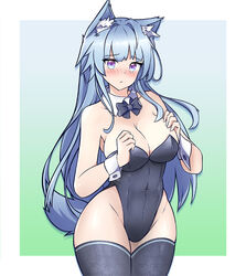  animal_ear_fluff animal_ears bare_arms bare_shoulders black_leotard black_thighhighs blue_eyes blue_hair blush bow bowtie breasts cleavage covered_navel cowboy_shot detached_collar female fox_ears fox_girl fox_tail freshtango groin hands_on_own_chest highleg highleg_leotard highres large_breasts leotard long_hair looking_at_viewer multicolored_eyes nontraditional_playboy_bunny nose_blush original playboy_bunny solo standing strapless strapless_leotard tail thick_thighs thighhighs thighs two-tone_background wrist_cuffs 