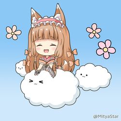  &gt;_&lt; :3 :d ^_^ animal_ear_fluff animal_ears blue_background blunt_bangs blush bow brown_bow brown_hair brown_kimono chibi closed_eyes closed_mouth cloud commentary_request dog_ears dog_girl dog_tail female flower fox_ears fox_girl hair_ornament hair_tubes hairbow japanese_clothes kimono long_hair maho_(princess_connect!) mitya oerba_yun_fang on_cloud open_mouth pink_flower princess_connect! sleeves_past_wrists smile solo tail twitter_username very_long_hair wide_sleeves x_hair_ornament 