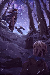  2boys armor bare_tree belt blonde_hair brown_hair cape crystal ezreal floating from_behind from_side fur_collar fur_trim gem highres holding holding_weapon hood hood_down league_of_legends log long_hair looking_up male_focus multiple_boys night night_sky outdoors pants pauldrons rock sanatorium_industries shirt short_hair shoulder_armor sky snow snowing standing star_(sky) starry_sky taric tree tree_stump weapon 