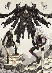  1boy 2b_(nier:automata) 2girls 9s_(nier:automata) a2_(nier:automata) absurdres android bare_shoulders black_blindfold black_choker black_footwear black_hairband black_legwear black_shorts blindfold breasts building choker cleavage cleavage_cutout clothing_cutout greatsword grey_sky hair_between_eyes hairband hand_on_own_hip highres holding holding_sword holding_weapon katana long_hair mecha mole mole_under_mouth multiple_girls nier:automata nier_(series) outdoors planted planted_sword pod_(nier:automata) purple_eyes robot rock rubble ruins short_hair shorts silhouette sky subakeye sword tree weapon white_hair 