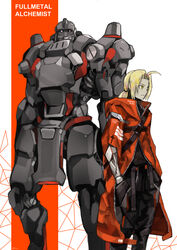  2boys absurdres ahoge alphonse_elric alternate_costume armor blonde_hair brothers character_name closed_mouth clothes_writing coat commentary copyright_name edward_elric english_commentary english_text full_armor fullmetal_alchemist hands_in_pockets highres male_focus mechanical mechanical_arms medium_hair multiple_boys red_coat robot siblings single_mechanical_arm standing subakeye yellow_eyes zipper zipper_pull_tab 