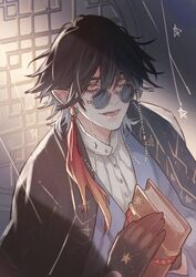  1boy black_gloves black_hair book earrings english_commentary gloves holding holding_book indoors jewelry male_focus original sayuuhiro solo sunglasses window 