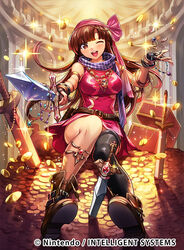  belt blush boots bracelet brown_eyes brown_hair chachie coin commentary_request dagger daisy_(fire_emblem) female fingerless_gloves fire_emblem fire_emblem:_genealogy_of_the_holy_war fire_emblem_cipher gloves headband jewelry knife long_hair necklace official_art one_eye_closed open_mouth ring scarf sitting solo sparkle sword teeth weapon 