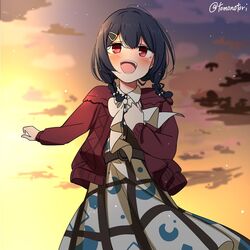  bad_id bad_twitter_id blue_hair blush braid cardigan cloud cowboy_shot dress female hair_between_eyes hair_bobbles hair_ornament hairclip idolmaster idolmaster_shiny_colors long_sleeves low_twin_braids medium_hair morino_rinze open_cardigan open_clothes open_mouth orange_sky outdoors red_cardigan red_eyes sky smile solo star_(sky) starry_sky sunset torinabe twin_braids twitter_username white_dress 