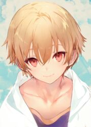  1boy blonde_hair child_gilgamesh_(fate) collarbone commentary_request eyebrows_hidden_by_hair fate/grand_order fate/hollow_ataraxia fate_(series) gilgamesh_(fate) hair_between_eyes hood hood_down hooded_jacket jacket kodama_(wa-ka-me) light_blush lolicon looking_at_viewer male_focus open_clothes open_jacket purple_shirt red_eyes shirt short_hair smile solo upper_body white_jacket 