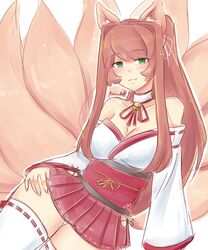  absurdres animal_ears bare_shoulders bell blush breasts brown_hair choker cleavage commentary detached_sleeves doki_doki_literature_club english_commentary female fox_ears fox_tail green_eyes hair_intakes highres kemonomimi_mode kitsune kyuubi large_breasts long_hair looking_at_viewer miniskirt monika_(doki_doki_literature_club) multiple_tails neck_bell obi pleated_skirt ponytail raion_(raionart) red_skirt sash skirt solo tail thick_thighs thigh_gap thighhighs thighs twitter_username very_long_hair white_background white_choker white_sleeves white_thighhighs wide_hips zettai_ryouiki 