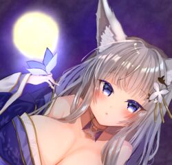  animal_ear_fluff animal_ears azur_lane bare_shoulders blue_butterfly breasts bug butterfly cleavage commentary_request dutch_angle female grey_hair ichigo_moka large_breasts looking_at_viewer moon purple_eyes shinano_(azur_lane) solo 