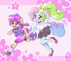  2000s_theme alternative_fashion anthro belt blonde_hair blush bottomwear clothing duo equid equine female flower footwear frutiger_metro fur gloves green_hair gyaru hair handwear hasbro high_heels hime_gyaru horse j-fashion mammal mlp_g3 multicolored_hair my_little_pony my_little_pony_(2009) orange_body orange_fur orange_hair pink_eyes pink_hair plant ponytail pre-g4 purple_eyes purple_hair rainbow_dash_(g3) rainbow_hair ribbons scootaloo_(g3) shoes skirt thegreatrouge y2k_(fashion) y2k_(graphic_design) 