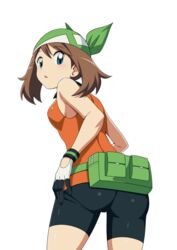  ass bandana bike_shorts black_shorts blue_eyes breasts brown_hair english_commentary fanny_pack female from_behind gloves green_bandana highres may_(pokemon) orange_shirt pokemon pokemon_(anime) pokemon_dppt_(anime) shirt shorts simple_background sleeveless sleeveless_shirt small_breasts solo suitenan tank_top white_background 