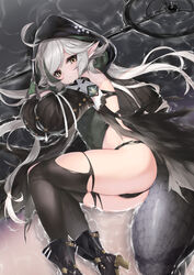  ahoge arknights ass backpack bag bare_shoulders black_footwear black_gloves black_leotard black_thighhighs blush boots brown_eyes closed_mouth covered_navel crocodilian_tail detached_sleeves ehart female gloves high_heel_boots high_heels highleg highleg_leotard knee_boots large_tail leotard long_hair long_sleeves looking_at_viewer lying on_side pointy_ears scales skindentation solo staff swept_bangs tail thighhighs tomimi_(arknights) torn_clothes torn_thighhighs very_long_hair water white_hair 