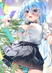  black_bow black_skirt blue_bra blue_eyes blue_hair blue_panties blurry blurry_background blush bow bow_panties bra breasts chihiro_(khorosho) cleavage collared_shirt commentary_request depth_of_field dress_shirt female front-hook_bra hair_between_eyes holding long_hair medium_breasts motion_blur open_bra open_clothes open_mouth open_shirt original panties pleated_skirt popped_button school_uniform shirt skirt solo sweat tanabata tanzaku translated underwear unlikely_accident very_long_hair wavy_mouth white_shirt 