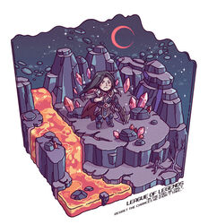  1boy armor bare_tree black_hair blush boots chibi cliff crystal english_text frown gem holding holding_weapon isometric league_of_legends long_hair male_focus molten_rock moon night outdoors pauldrons sanatorium_industries shoulder_armor sky solo sparkle standing star_(sky) taric tree weapon 