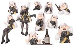  +_+ absurdres ak-alfa ak-alfa_(cat_snatcher_beneath_the_stars)_(girls&#039;_frontline) ak-alfa_(girls&#039;_frontline) alcohol arm_up assault_rifle beer beer_bottle black_dress black_footwear black_legwear blush brown_eyes brown_legwear character_name closed_eyes collage commentary_request crying dress dress_tug expressions female flat_chest full_body girls&#039;_frontline grey_hair gun high_heels highres hugging_object index_finger_raised long_hair long_sleeves looking_at_viewer mary_janes mask mask_around_neck multiple_views name_tag pantyhose pigeon-toed puffy_long_sleeves puffy_sleeves respirator rifle rui_(rei_leyi) shoes sitting smile standing thermos thick_eyebrows upper_body very_long_hair waving weapon weapon_on_back white_background white_hair white_sleeves 