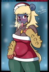  anthro arzuros bear blonde_hair blue_face blush breath capcom christmas christmas_clothing christmas_headwear clothing female fur green_body green_fur hair hat headgear headwear hi_res holidays long_tongue looking_at_viewer mammal monster_hunter open_mouth primatius red_clothing red_eyes santa_hat signature simple_background snow solo text theidiotmuffin tongue tongue_out 