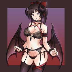  arm_garter bare_shoulders black_bra black_choker black_hair black_panties black_thighhighs bow bra breasts brown_eyes choker cleavage cowboy_shot criss-cross_halter curled_horns demon_girl demon_horns demon_wings female freshtango garter_belt hairbow halterneck highres horns lace lace-trimmed_bra lace-trimmed_panties lace_trim lingerie long_hair looking_at_viewer medium_breasts navel original panties parted_lips ponytail pubic_tattoo satomi_(freshtango) side-tie_panties solo stomach string_panties tattoo thighhighs thighs two-tone_background underwear underwear_only wings wrist_cuffs 