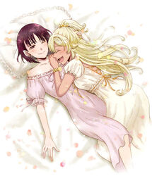  2girls ^_^ bed blonde_hair blush closed_eyes hand_on_another&#039;s_head kakegurui lying multiple_girls oerba_yun_fang one_eye_closed open_mouth pillow sasaya smile totobami_terano totobami_yumi 