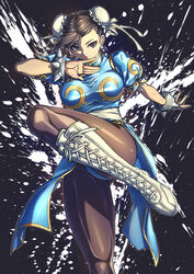  absurdres boots bracelet breasts brown_hair bun_cover chinese_clothes chun-li combat_boots cross-laced_footwear double_bun earrings eyeshadow female fighting_stance fish.boy hair_bun highres jewelry knee_boots lace-up_boots large_breasts leg_up makeup pantyhose pearl_earrings red_eyeshadow solo spiked_bracelet spikes street_fighter thick_thighs thighs white_footwear 