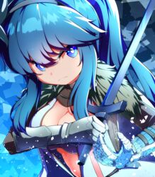  auris_(sequel) black_hairband blue_eyes blue_gloves blue_hair bra breasts bright_pupils cleavage closed_mouth coat female flower frown fur_collar gauntlets gloves grey_bra hair_between_eyes hairband holding holding_sword holding_weapon kredorf light_particles long_hair long_sleeves medium_breasts midriff navel ribbed_gloves sequel_(series) sequel_colony sidelocks solo sword underwear v-shaped_eyebrows weapon white_coat white_flower white_pupils 