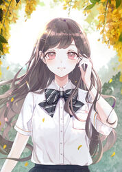  black_bow black_skirt bow breasts brown_hair collared_shirt commentary_request diagonal_stripes dress_shirt female hair_ornament hairclip hand_up long_hair looking_at_viewer original outdoors parted_lips petals pleated_skirt red_eyes school_uniform shirt skirt small_breasts smile solo striped striped_bow upper_body very_long_hair white_shirt yuizayomiya 