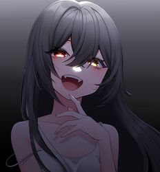  absurdres black_hair blush fangs female glowing glowing_eyes hand_on_own_chin heterochromia highres long_hair looking_at_viewer masumofu open_mouth orange_eyes original smile solo strap_slip tank_top yellow_eyes 