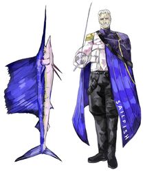  1boy absurdres animal blue_cape cape facial_hair fish grey_background highres holding holding_sword holding_weapon male_focus moustache old old_man original personification rapier sailfish simple_background solo standing subakeye sword turtleneck weapon white_hair 