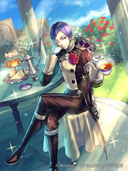  1boy asymmetrical_hair boots cake commentary_request crossed_legs cup epaulettes fire_emblem fire_emblem:_three_houses fire_emblem_cipher flower food garreg_mach_monastery_uniform gloves grass kinoshita_kotetsu leaf lorenz_hellman_gloucester male_focus official_art one_eye_closed purple_eyes purple_hair rose sandwich sitting solo sparkle teacup teapot 